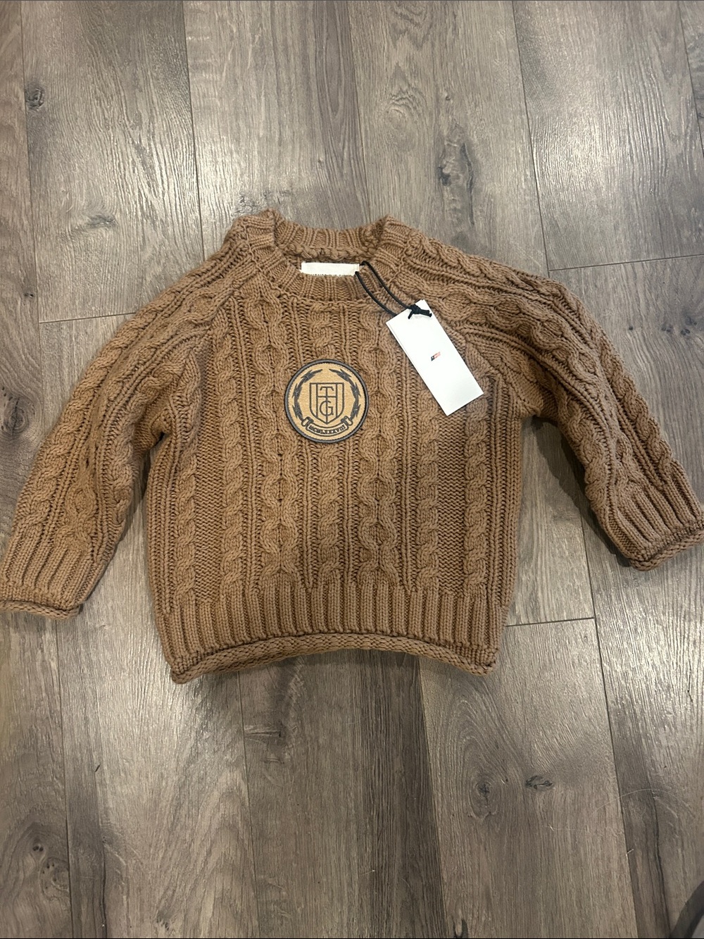 Cable-Knit Brown Kids Sweater with Crest Patch
